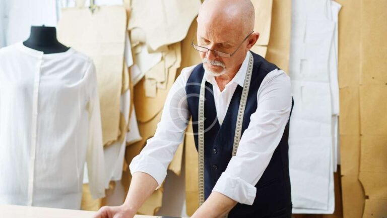 tailor standing the at the shop - sewseam - tailoring services